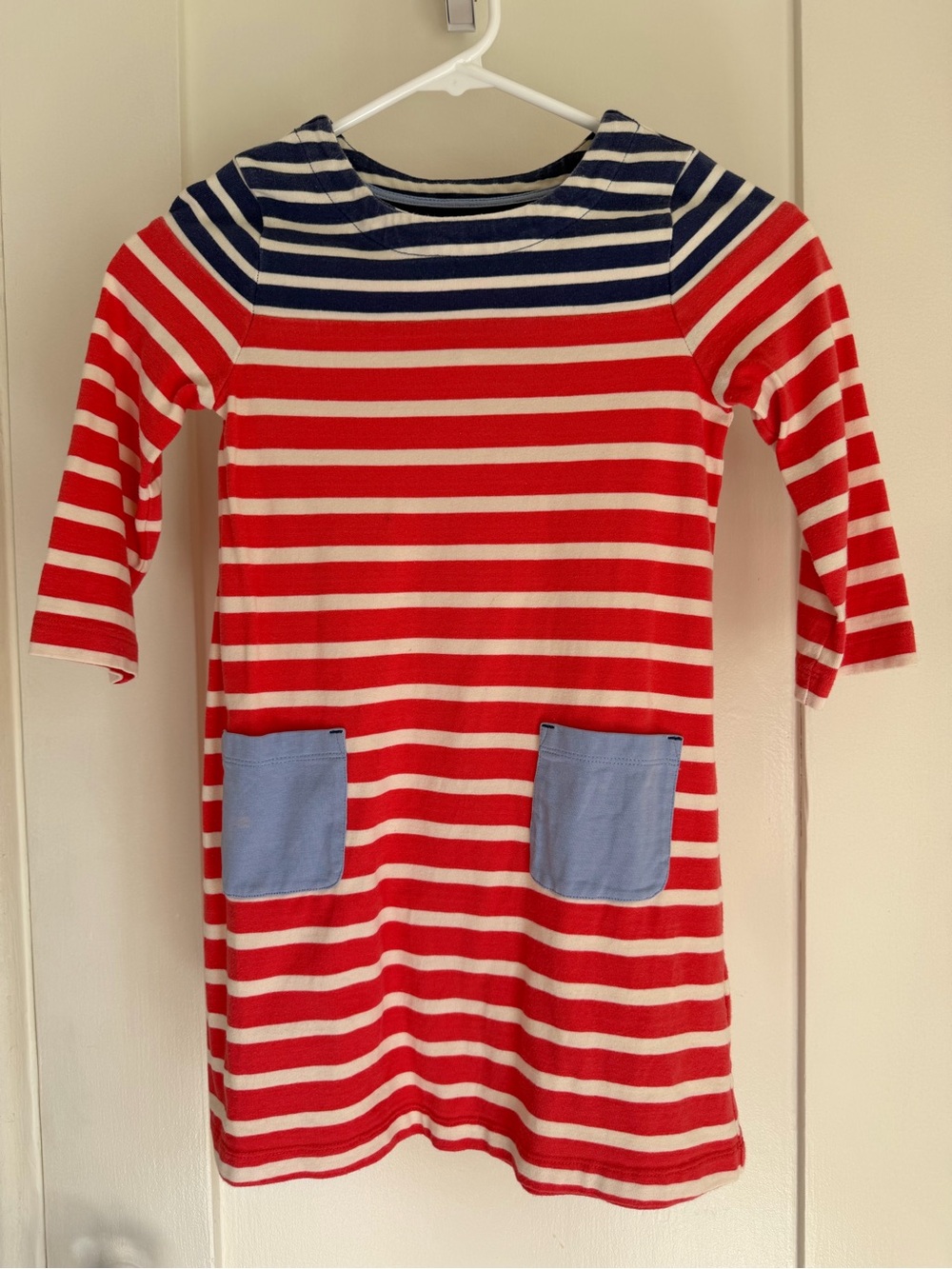 Mini Boden Red, Navy & Light Blue Striped Pocket Dress